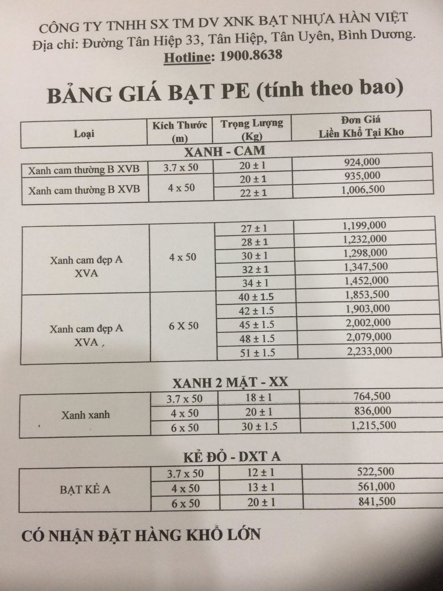 Bảng báo giá bạt nhựa pe Hàn Việt